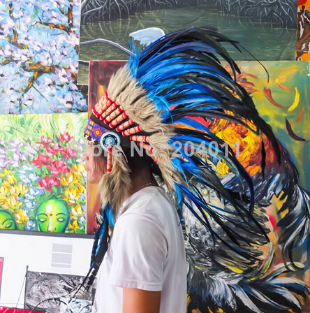 Indian Feather Headdress / Handmade Native American Warbonnet Royal Blue Feather and Red Yarn