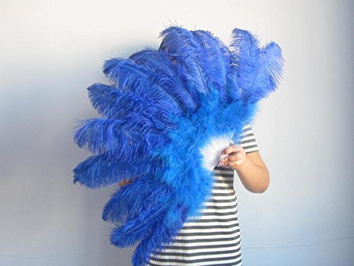 2pieces 80*45cm Large Ostrich Feather Fan Burlesque Dance feather fan Bridal Bouquet Royal Blue - Click Image to Close