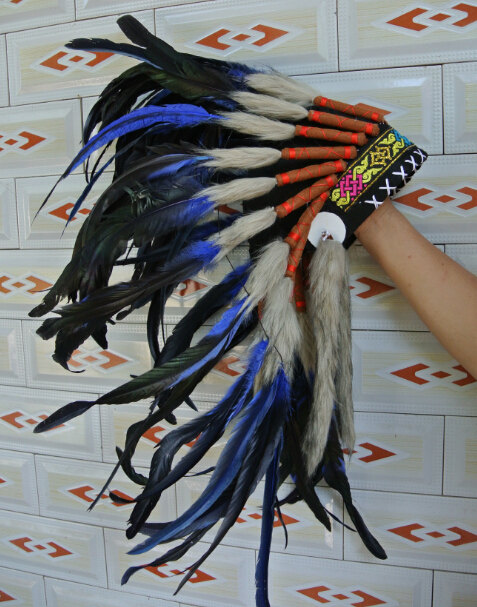 Warbonnet Ready to Ship Hand made Royal Blue Feather Indian Headdress Native American Costume Feathers War Bonnet Hat For Adult - Click Image to Close