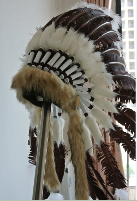 Brown Turkey Feather Indian Headdress Warbonnet Native American Costume Feathers War Bonnet Hat For Adult - Click Image to Close